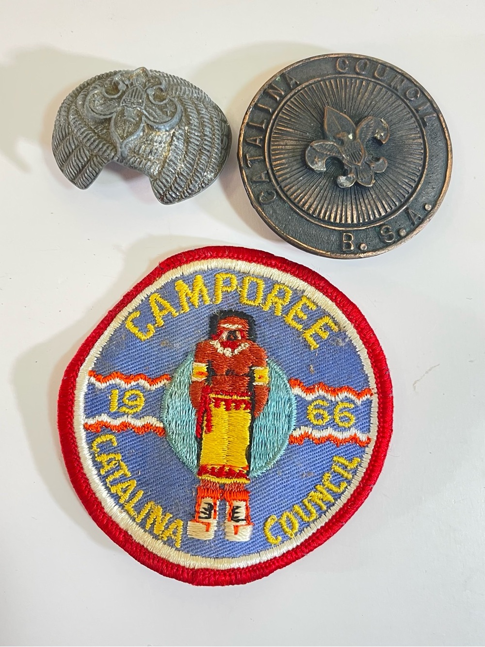 Vintage Lot Of 3 Boy Scout Memorabilia Neckerchief Slide , Patch & Belt Buckle